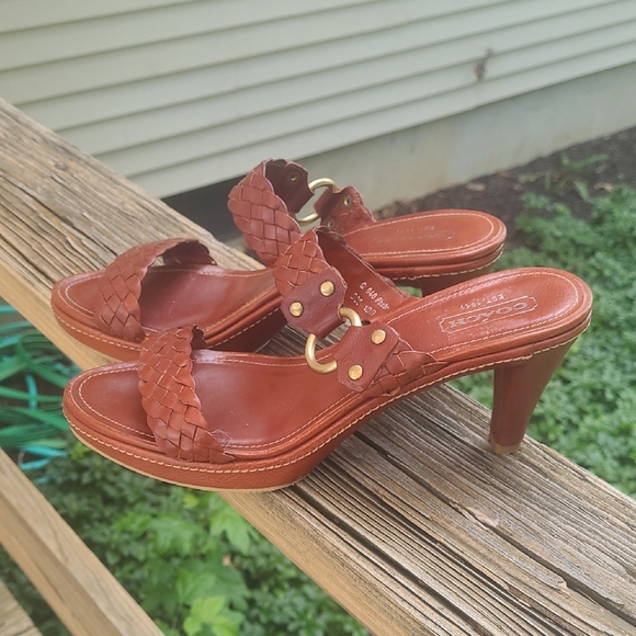 Coach Brown Cognac Woven Leather Heeled Sandals - Picture 1 of 3
